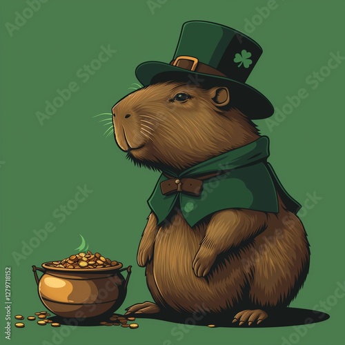 A cheerful cartoon groundhog in a green hat beside a pot of gold.