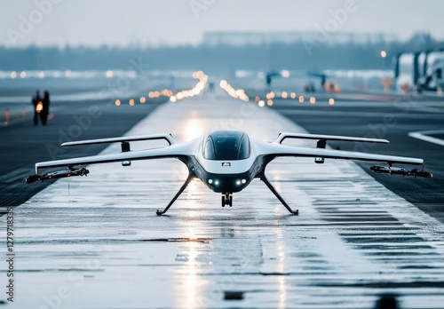 An advanced electric vertical take-off and landing drone prepares for takeoff.