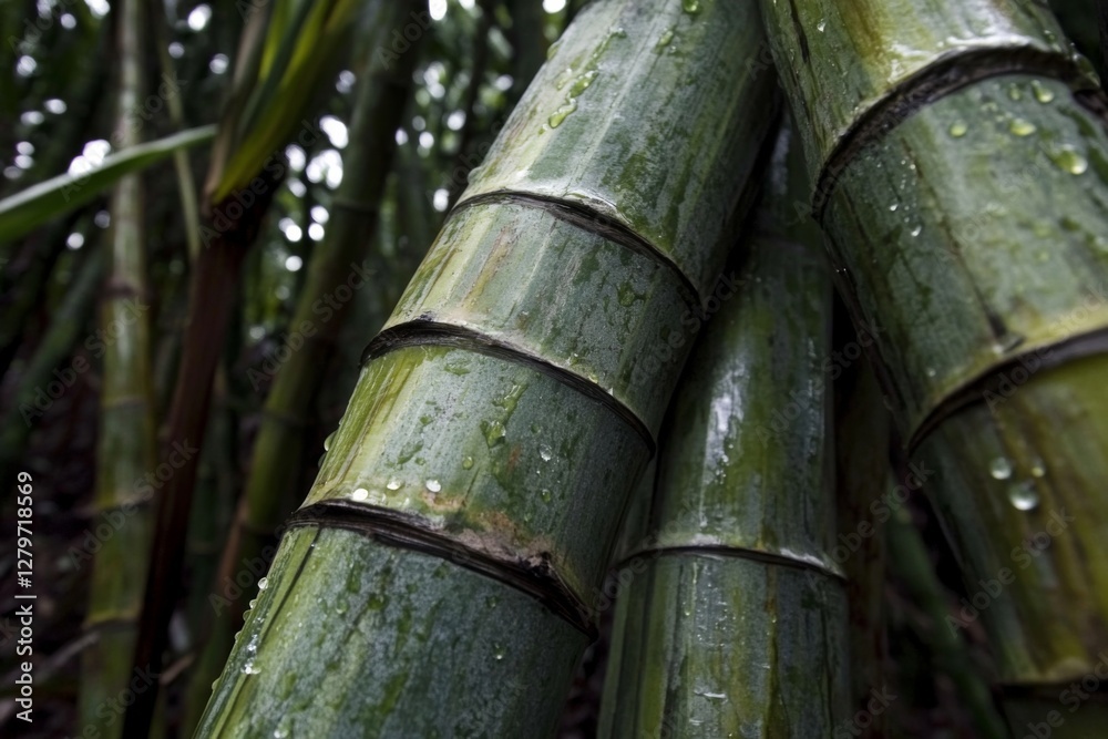 Raindrops cling to the thick stalks of sugarcane, showcasing their vibrant green color and sturdy structure in a fertile field at dawn. Generative AI Raindrops cling to the thick stalks of sugarcane, showcasing their vibrant green color and sturdy structure in a fertile field at dawn. Generative AI