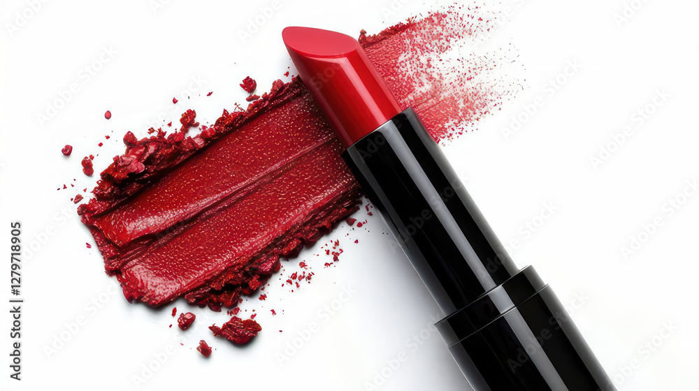 red lipstick with smear on white background