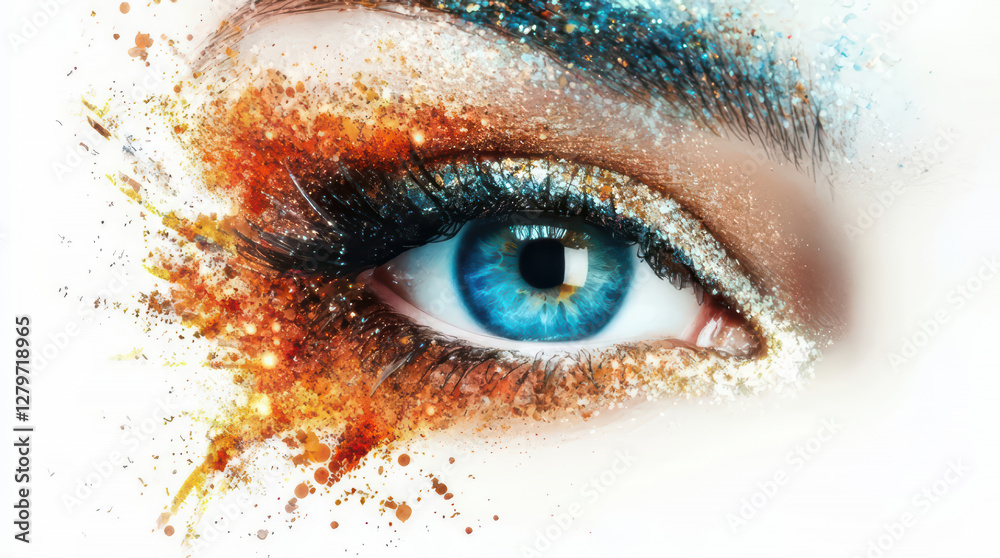 artistic close-up of a blue eye with colorful splashes