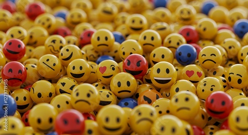 A colorful array of emoji balls in various expressions, symbolizing emotions and communication.
