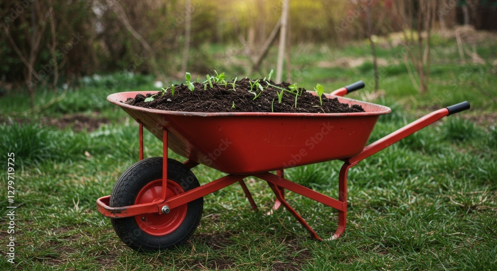 Vibrant red wheelbarrow filled with soil and seedlings ready for planting Vibrant red wheelbarrow filled with soil and seedlings ready for planting