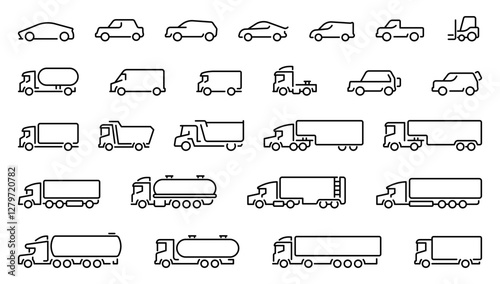 Car icons collection. Big set outline car icons, different types of transportation. Outline car icons. Types of transport