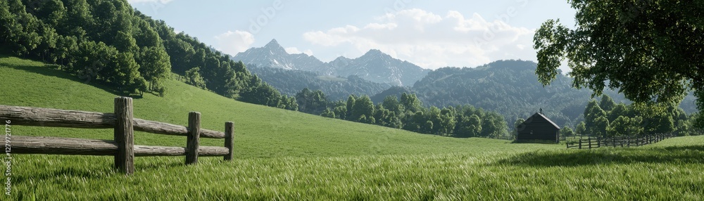 Obraz premium Serene Landscape with Lush Green Fields and Majestic Mountains Under Clear Blue Sky