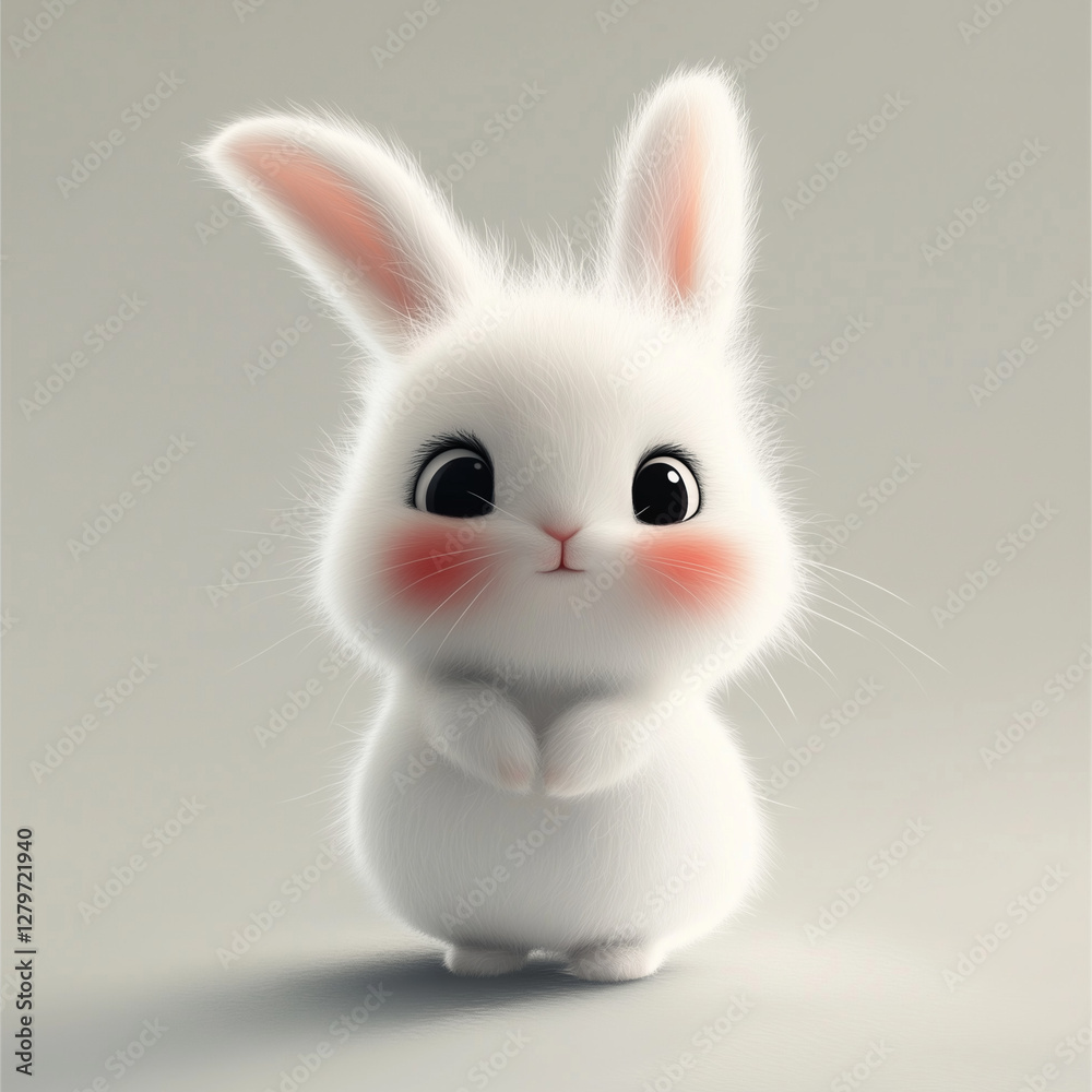 Fototapeta premium A cute cartoon bunny with folded hands, pouting and frowning, featuring a white rabbit with pink cheeks and black eyes.