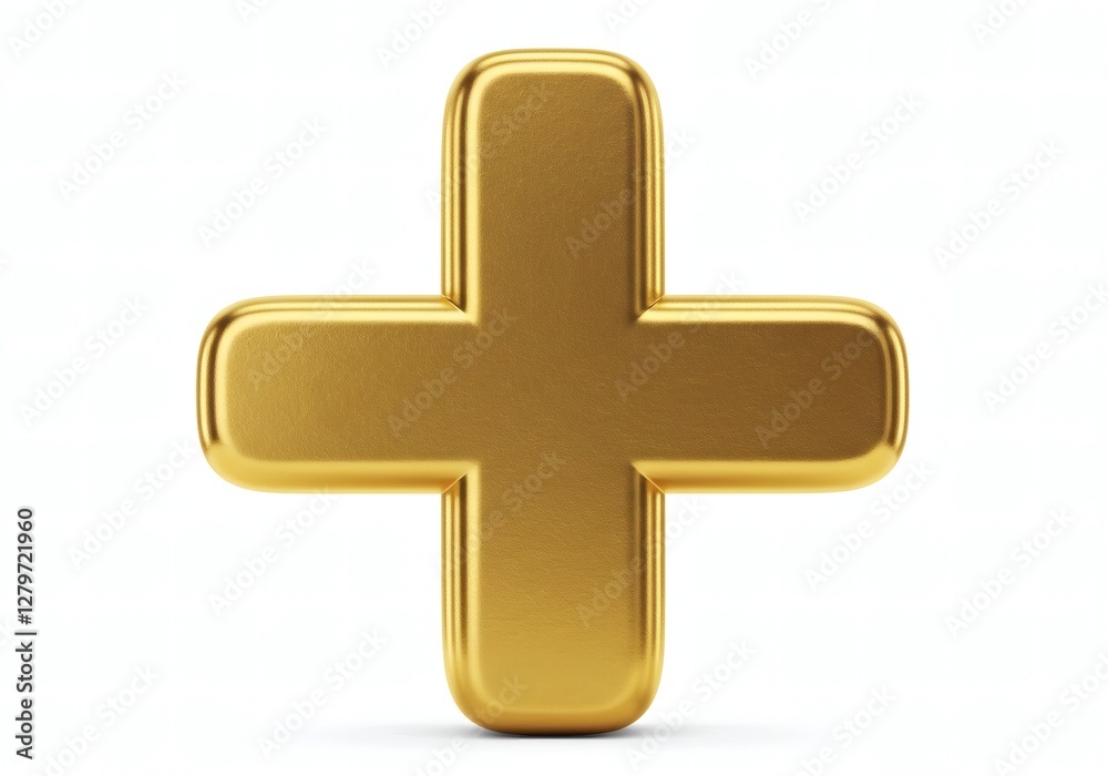 Fototapeta premium Shiny Gold Plus Sign Symbol Isolated on White Background,3D Metallic Plus Icon.