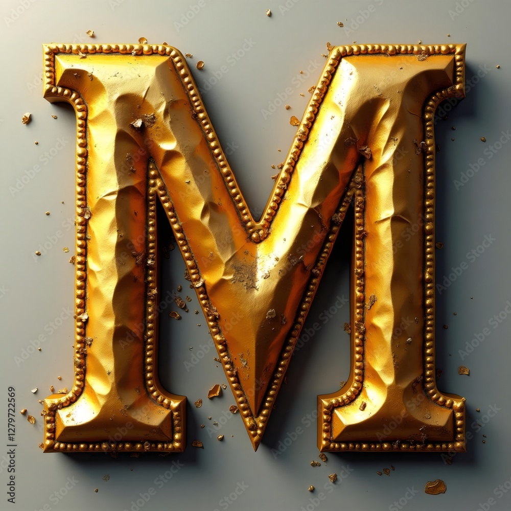Obraz premium Golden textured uppercase letter M in 3D rendering on grey surface with scattered flakes M78F9K