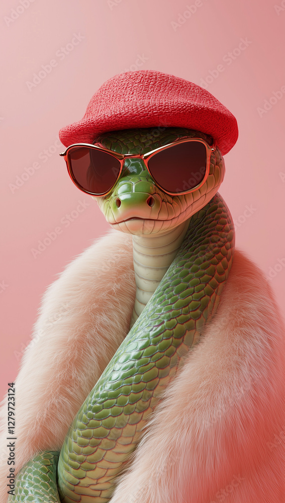 Obraz premium A surreal photo of green snake wearing sunglasses, a red hat, and a beige fur coat.Minimal creative fashion concept with copy space.