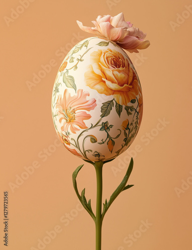 A colorful Easter egg with  floral patterns sits atop a pastel yellow and green flower stem against a solid background.
