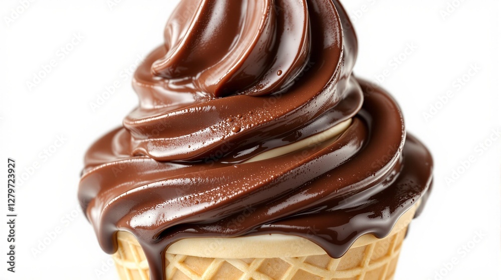 Appetizing soft serve ice cream with chocolate and vanilla flavors in a cone, topped with chocolate syrup. Good for conveying refreshment and summer treats Appetizing soft serve ice cream with chocolate and vanilla flavors in a cone, topped with chocolate syrup. Good for conveying refreshment and summer treats