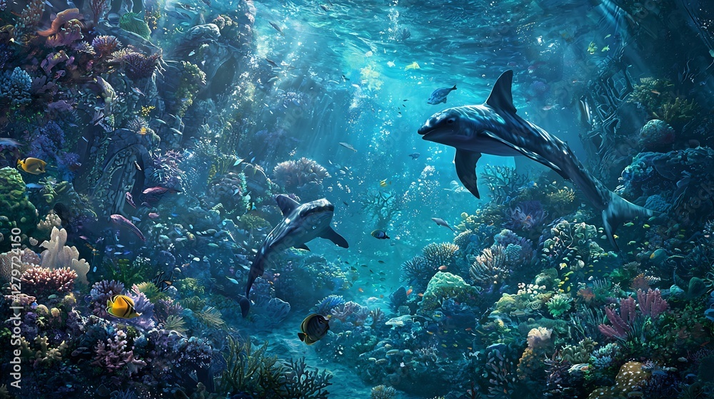 Dolphins swimming through a vibrant coral reef ecosystem underwater Dolphins swimming through a vibrant coral reef ecosystem underwater