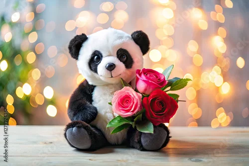 Fototapeta A documentary-style image: a plush panda embraced by soft pink watercolor roses.