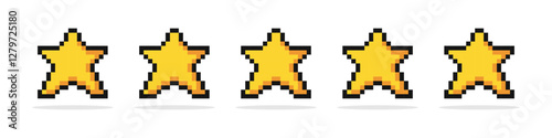 Pixel five stars rating. Pixelated five stars customer product rating review. Yellow isolated five stars. Customer feedback. Vector 5 stars rating review.