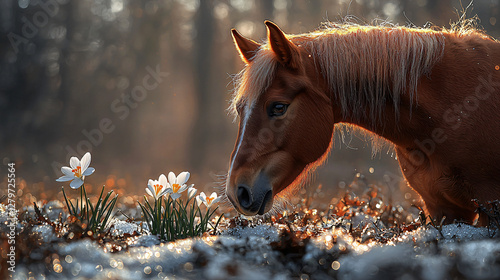 Whimsical Spring Awakening. Enchanting Horse in a Misty Clearing with Early Blooms