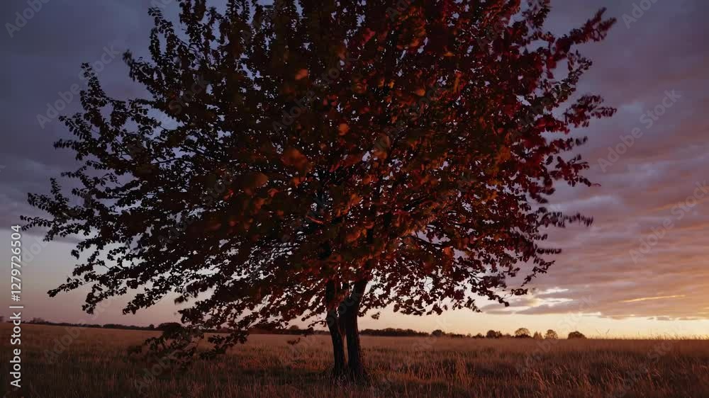 A solitary tree in a field at sunset, captured in a wide-angle shot. The video conveys tranquility with warm, golden hues and a serene atmosphere.