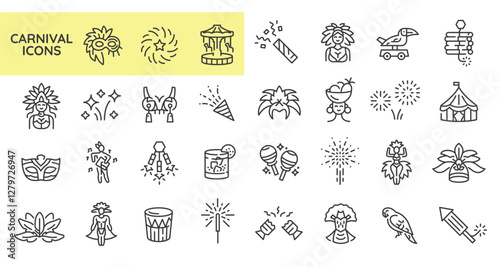 Carnival icons. Set of 31 carnival trendy minimal icons. Example: Mask, Dancer, Costume, Parrot, Cocktail icon. Design signs for web page, mobile app, packaging design. Vector illustration