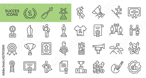 Success icons. Set of 31 success trendy minimal icons. Income growth, Climbing stairs, Thumbs up badge icons. Design signs for web page, mobile app, packaging design. Vector illustration