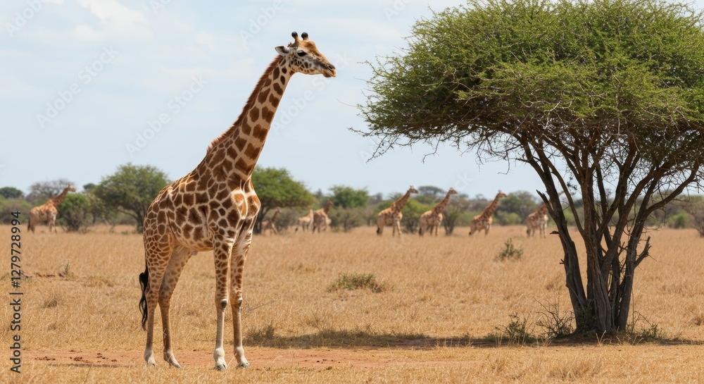 Obraz premium Serene African Savanna Vista with Giraffe Herd Grazing Under the Sun