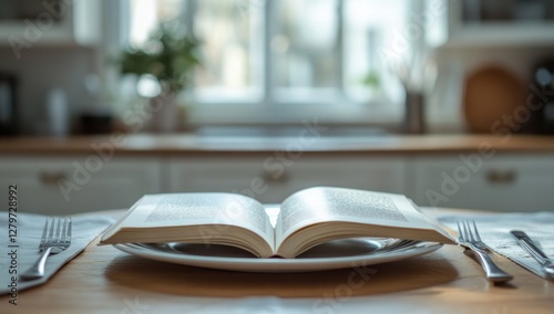 Literary nourishment a book rests on a plate with cutlery beside symbolizing intellectual feasting photo