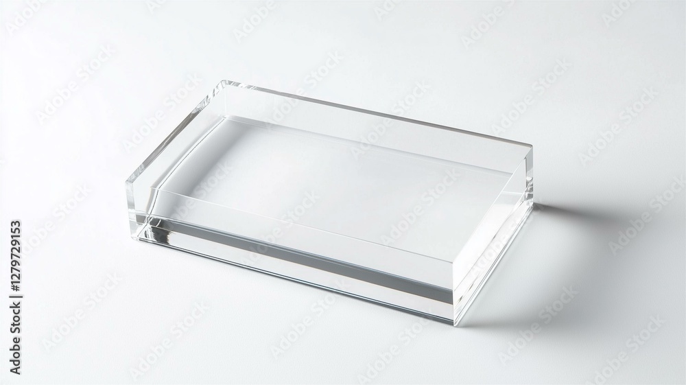 Photorealistic image of a transparent acrylic business card holder, isolated on a white background
Photorealistic image of a transparent acrylic business card holder, isolated on a white background