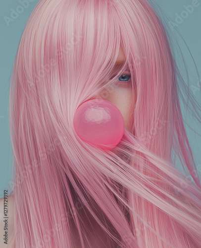 A woman with long, straight pink hair covering her face has a popped pink bubble gum balloon stuck in her hair. Minimal creative fashion concept. Copy space. Advertisement for hair salons.
