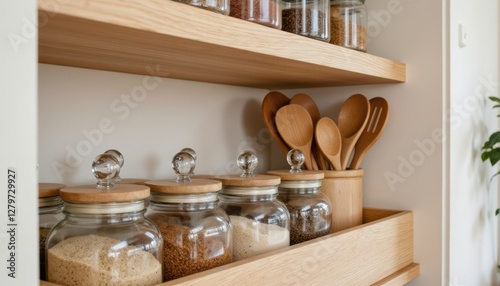 Organized Kitchen Shelves with Glass Jars and Wooden Utensils for Modern Home Decor