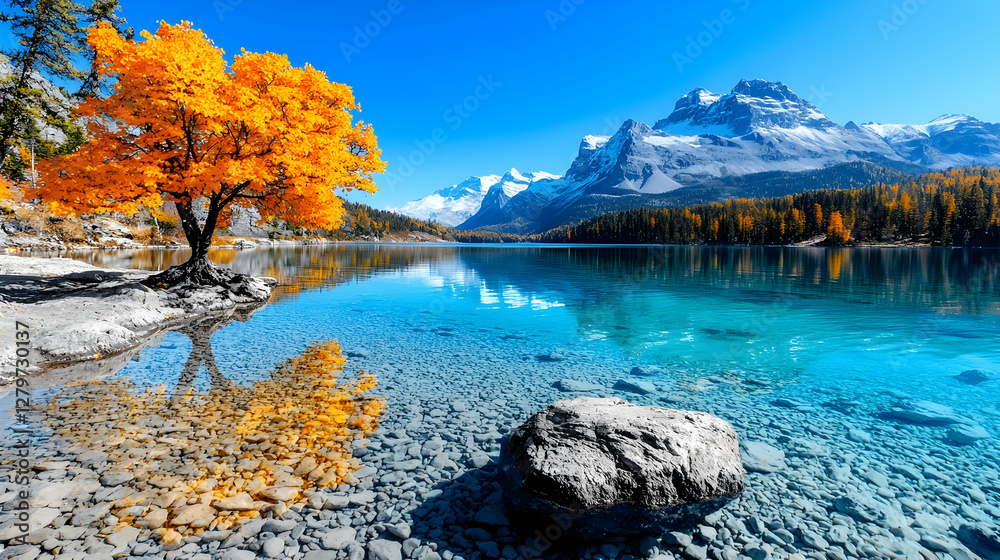 Autumn lake, mountain reflection, alpine scenery, postcard Autumn lake, mountain reflection, alpine scenery, postcard