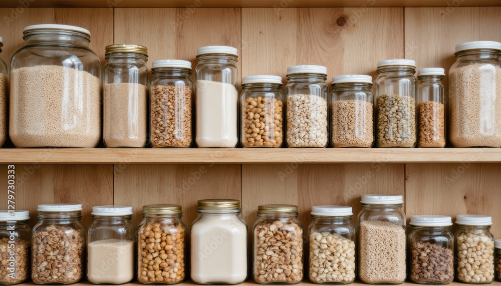 Glass jars filled with various organic ingredients on wooden shelves in a kitchen setting Glass jars filled with various organic ingredients on wooden shelves in a kitchen setting