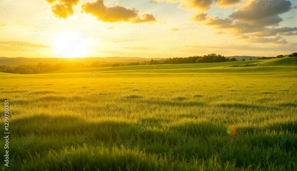 Obraz premium Golden sunlit meadow at sunset with rolling hills and a colorful sky