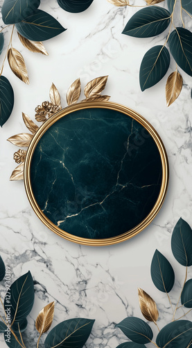 A green circle with a gold border and marble background, featuring leaves and a jewelry mockup template.