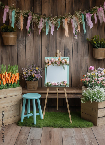A wooden brown wall with an Easter backdrop, a blue stool on a wood floor, a green grass garland, a white fur rug under a wooden table with carrots and pastel Easter decorations, and small flowers 