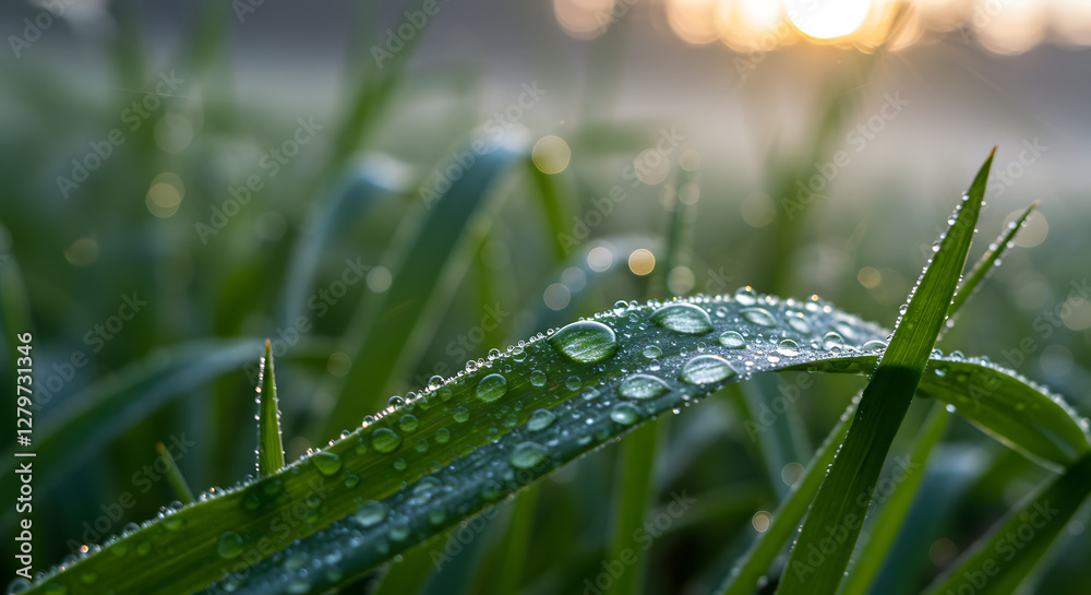 Crystal-like droplets rest upon fresh green leaves, reflecting the first light of day and breathing life into the landscape Crystal-like droplets rest upon fresh green leaves, reflecting the first light of day and breathing life into the landscape