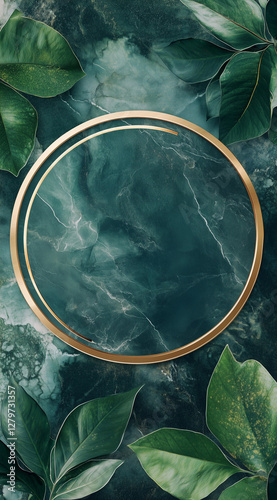 A green circle with a gold border and marble background, featuring leaves and a jewelry mockup template.