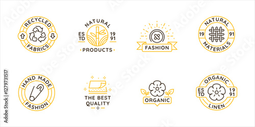 Material and textile logos, labels, icons. A set of 8 material logotypes. Wool, handmade, cotton, sheep wool, cashmere. Ideal for fashion and textile production. Vector illustration