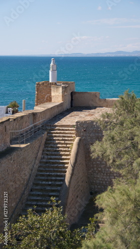 Stairs on the perimiter wall in the old fort in the medina, in Hammamet, Tunisia