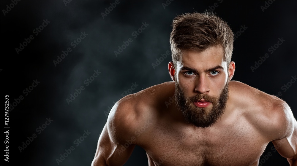 A muscular man with a beard stares intensely at the camera against a dark background. His focused gaze and physique convey strength and determination. A muscular man with a beard stares intensely at the camera against a dark background. His focused gaze and physique convey strength and determination.