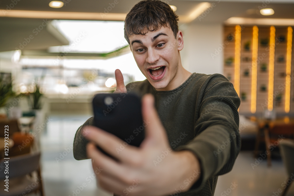 young cheerful man stand and wave while have video call on cellphone young cheerful man stand and wave while have video call on cellphone