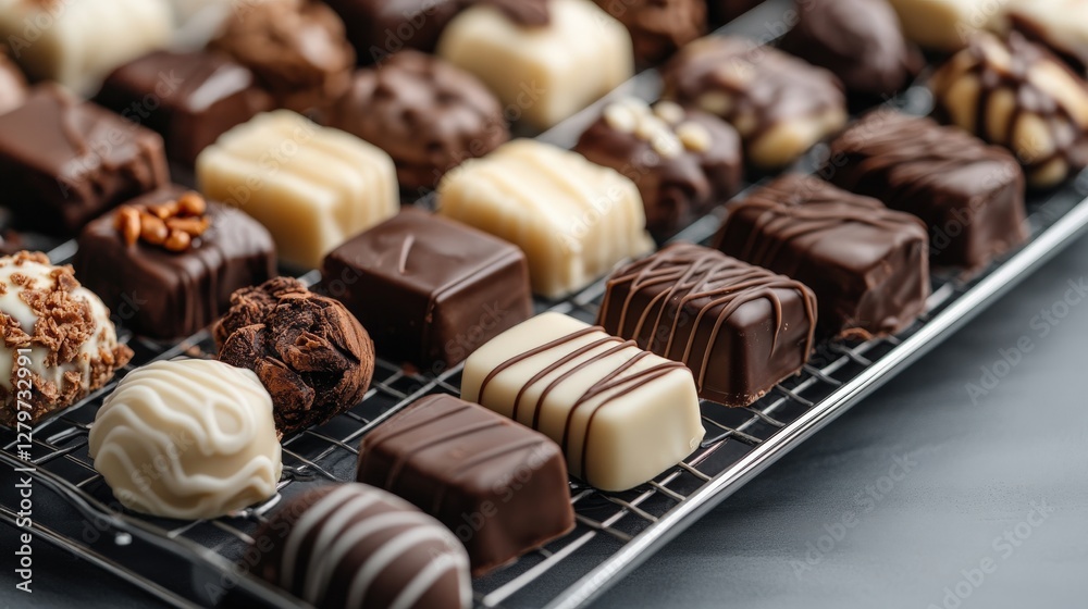 This enticing close-up image captures an assortment of delectable chocolate bonbons, artfully arranged to create an inviting selection that appeals to every chocolate lover's desires. This enticing close-up image captures an assortment of delectable chocolate bonbons, artfully arranged to create an inviting selection that appeals to every chocolate lover's desires.