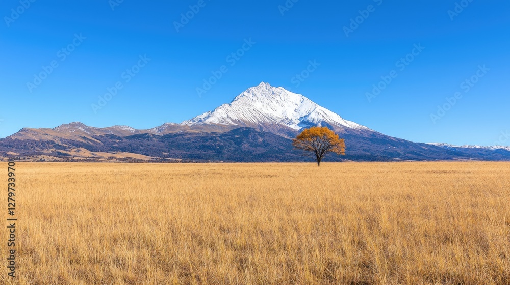 Mountain landscape with lone autumn tree. Vast golden meadow, snow-capped peak. Scenic backdrop. Potential use nature photography Mountain landscape with lone autumn tree. Vast golden meadow, snow-capped peak. Scenic backdrop. Potential use nature photography