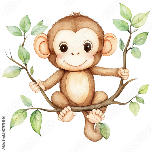 generate watercolor clipart of cute monkey with branch on white background