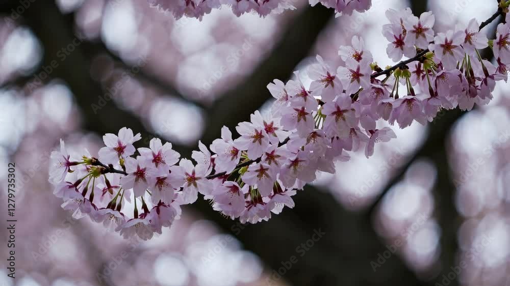 Close-up video of cherry blossoms on branches, captured from a low angle. The soft focus and bokeh create a serene, dreamy atmosphere.