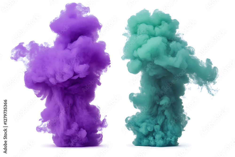 Fototapeta premium Two colorful smoke clouds, one purple and one teal, creating a dynamic visual effect.