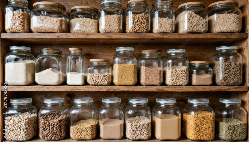 Aesthetic Arrangement of Various Spices and Grains in Glass Jars on Wooden Shelf Aesthetic Arrangement of Various Spices and Grains in Glass Jars on Wooden Shelf