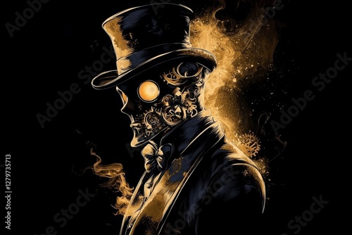 A mysterious man dons a top hat and mask in an intriguing steampunk design.