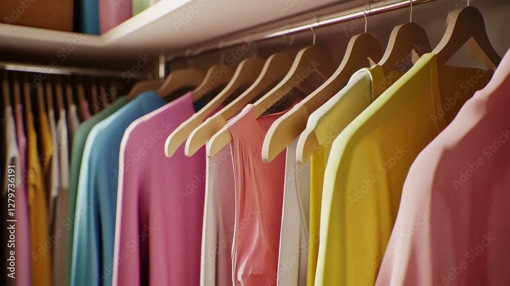 Obraz premium Photorealistic image of a closet organized by color, with neatly arranged clothing and minimal items 