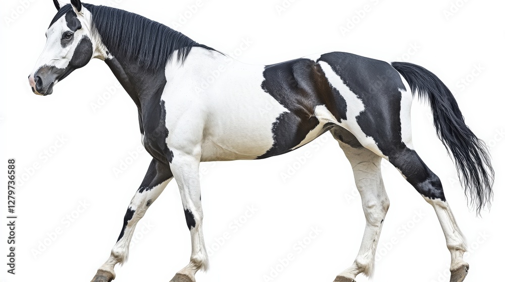 Elegant Black and White Horse Walking Gracefully on White Background Elegant Black and White Horse Walking Gracefully on White Background