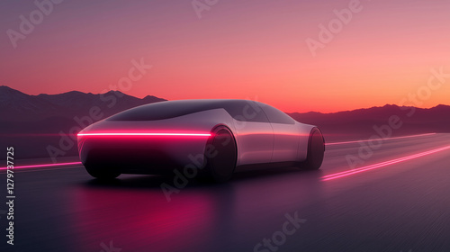 Futuristic electric car driving on highway at sunset, showcasing sleek design and vibrant lights.