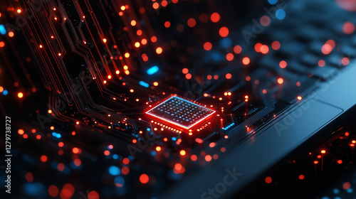 Close up of a laptop with abstract glowing AI chip on blurry background. Artificial intelligence and innovation concept. 