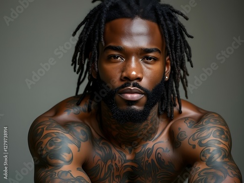 Tattooed black man with beard and dreadlocks. Tattooed black male model with locks hairstyle
